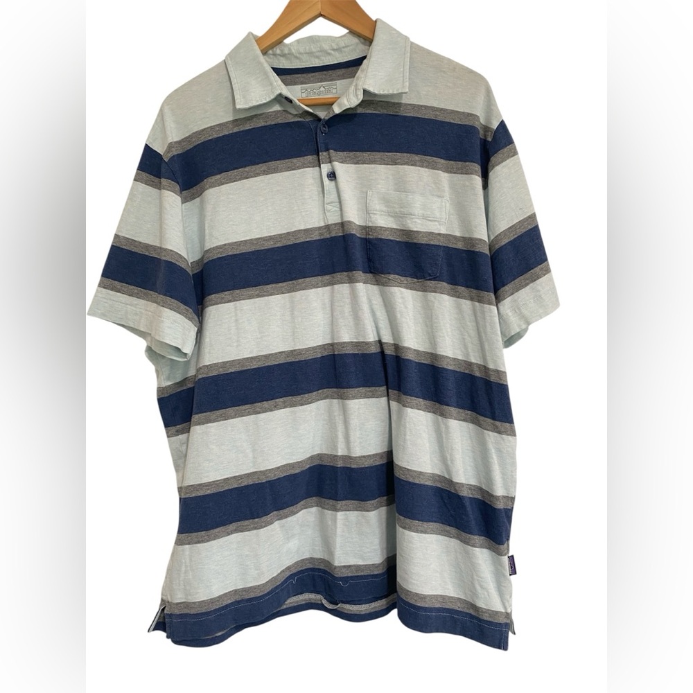 Patagonia Men's Polo Shirt - Navy & Light Gray Stripes